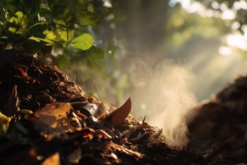 Compost heap: A close-up shot of a composting process, showing the natural decomposition of organic matter, with steam rising against the natural background.