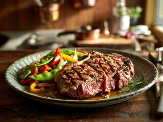 Grilled steak with colorful bell peppers served on a rustic plate in a cozy kitchen setting