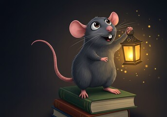 Mouse Holding Lantern on Stack of Books