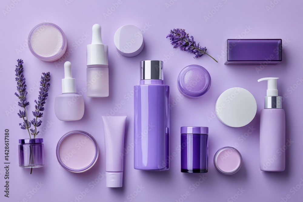 Poster lavender inspired product display featuring bottles and jars arranged on a pastel platform in a sere