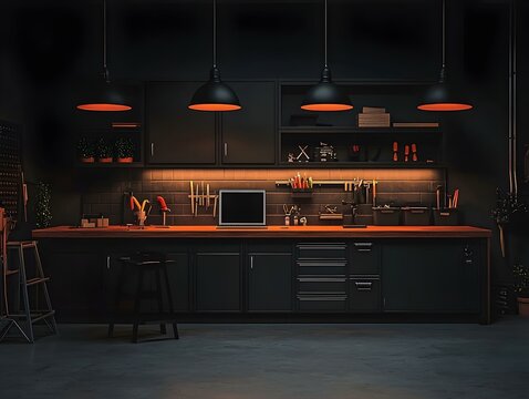 Dark workshop interior with laptop, tools, and industrial lighting. Ideal for websites, blogs, or design projects needing a modern industrial feel.