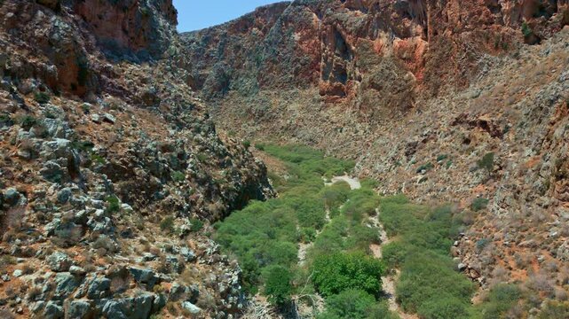 Green vegetation following the dry riverbed through Zakros Gorge, Crete. Aerial climbing