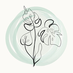 Elegant Minimalist Line Art Monstera Leaves on Soft Green Watercolor Background