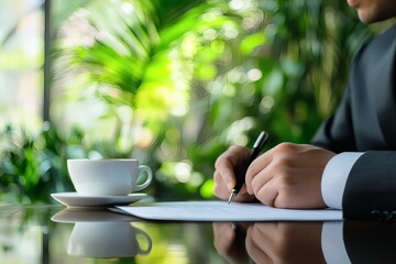 Businessman signing documents with coffee on desk in nature setting focusing on legal agreement.