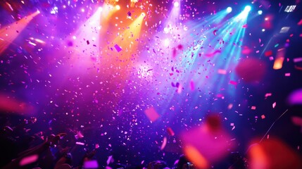 A festival night with neon confetti reflecting under colorful lights, creating a stunning party effect