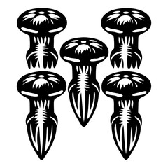 A monochrome tribal art collection of alien creatures with jagged edges design