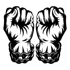 Two clenched fists bound by chains symbolizing struggle and power