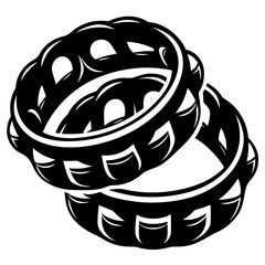 Monochrome illustration of two tambourines stacked slightly off kilter on each other