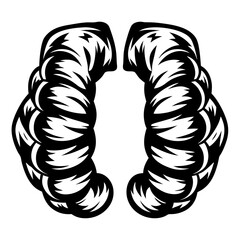 Monochrome illustration of a stylized wig with a bold outline and details