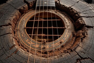 Weathered Resonance: An acoustic guitar, sculpted from aged wood and marked by the passage of time, its body and sound hole create a unique and evocative visual, celebrating the beauty of decay