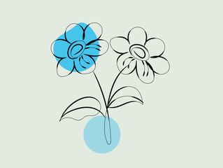 Elegant Line Art Drawing of Two Flowers with Blue Circles