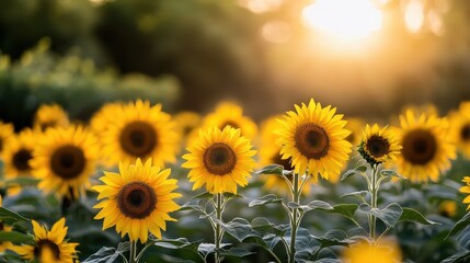 Fototapeta premium A field of sunflowers turning their faces towards the warm morning sun