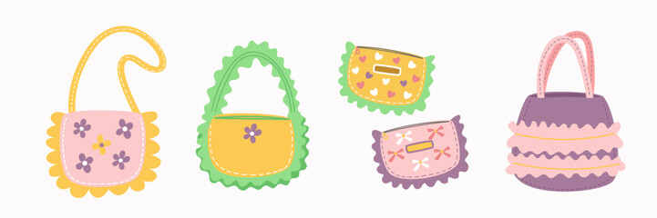 Colorful girly handbags vector illustration. Decorative pastel purses with bows, ruffles, and floral elements in flat cartoon style. Fashion accessories for girls and kids.