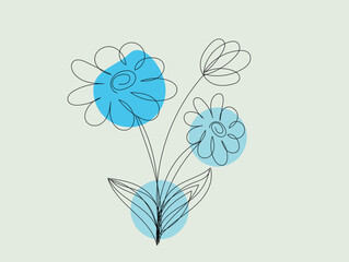 Abstract Line Art Floral Design with Blue Circles Elegant Minimalist Botanical Illustration