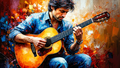 Obraz premium Man focused playing classical guitar against abstract swirl background
