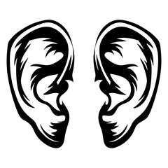 Stylized representation of two ears in a black and white drawing