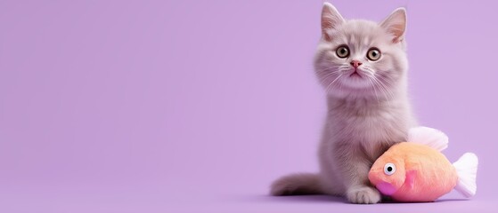 Fototapeta premium A fluffy gray kitten sitting beside a plush toy fish with a soft purple background, looking curiously forward