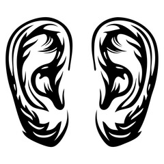 A pair of intricately designed abstract ears in black and white artwork
