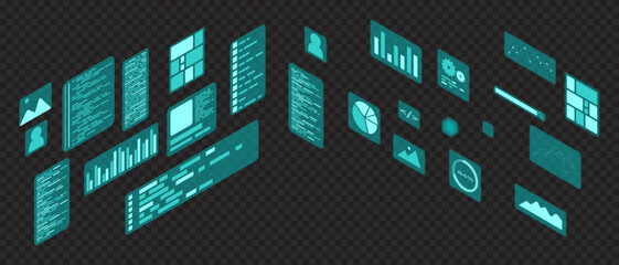 Isometric user interface elements. Infographic charts. Data visualization. Futuristic interface hologram elements. Isometric technology