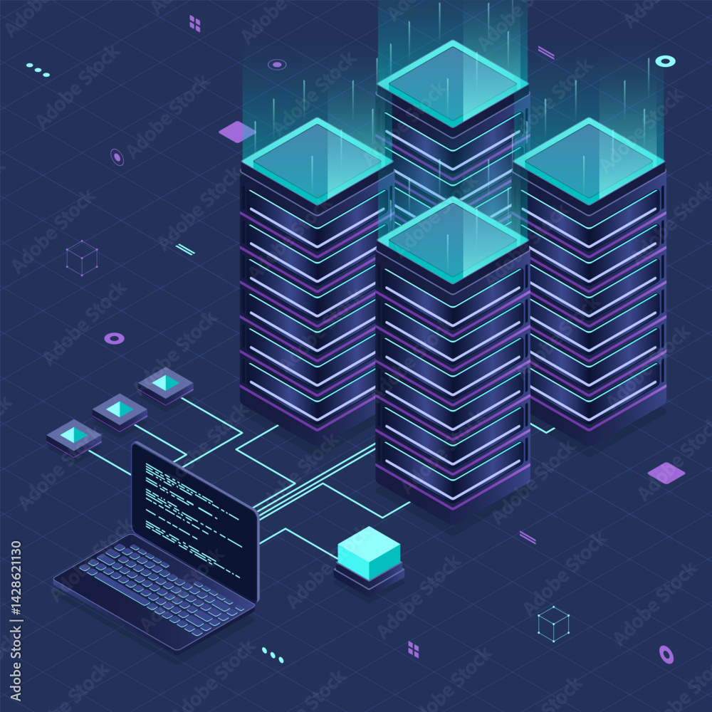 Poster database servers. server room data center. hosting server isometric. isometric technology. vector is
