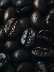 Obraz premium Close-up shot of dark roasted coffee beans. Rich texture and deep shadows.
