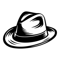 Stylized illustration of a classic fedora hat in black and white