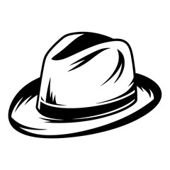 Monochrome depiction of a classic fedora hat with detailed line work