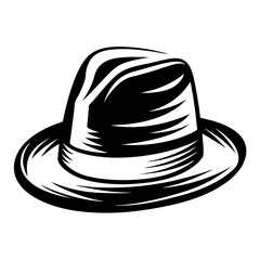Monochrome illustration of a classic fedora hat with stylized black lines