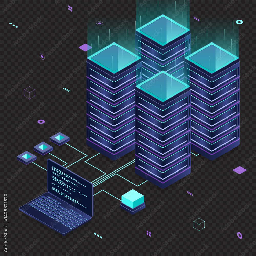 Poster database servers. server room data center. hosting server isometric. isometric technology. vector is