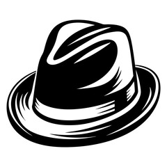 Black and white illustration of a classic fedora hat in style