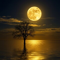 Fototapeta premium Un árbol solitario y sin hojas se yergue en un paisaje inundado por la noche.