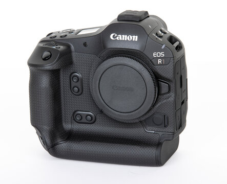 Charlotte, NC, April 17, 2025. The front of the Canon EOS R1 Camera body on white. Canon's new flagship mirrorless camera.