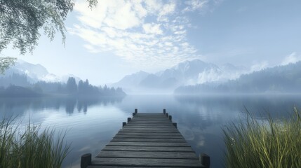 Naklejka premium peaceful morning by the lake, with a wooden pier extending into calm waters and misty mountains in the distance.