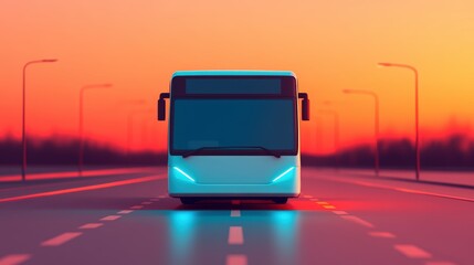 Obraz premium Futuristic Bus in a Smart City Setting at Sunset with Urban Infrastructure and Modern Transportation Concepts