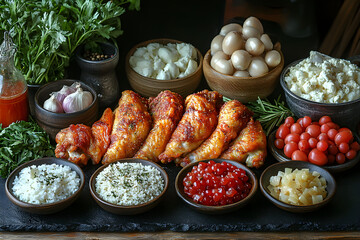 Fried Chicken styled on rustic black stone table with side ingredients