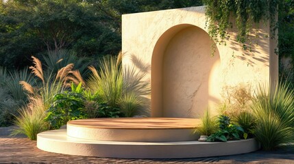 Fototapeta premium Product Podium in Nature with Arched Opening and Green Foliage