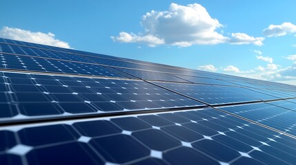 Close-up view of a large solar panel array under a partly cloudy sky.