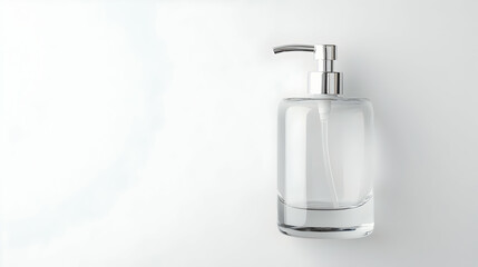 Soap dispenser minimalist clear glass on white background for hygiene products and hand washing liquid