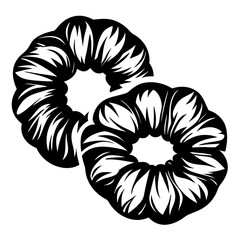 Two elegant black scrunchies, a vintage hair accessory, depicted in stark black and white