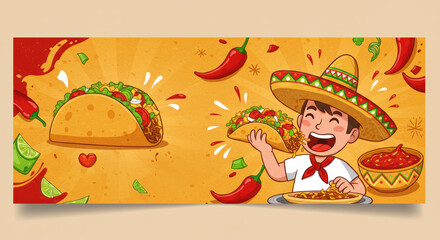 Fototapeta premium boy in sombrero happily eating taco with Mexican food elements on yellow and red background. Traditional cuisine celebration. cultural events and festive menu. Cinco de Mayo festivities, family dining