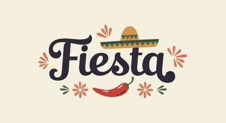 Fiesta text logo with sombrero, chili pepper, and floral elements. Retro lettering style. Celebration. Cinco de Mayo party invitations, posters, flyers, themed merchandise. Horizontal banner