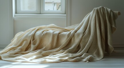 Elegant beige patterned meditation shawl draped indoors by a bright window