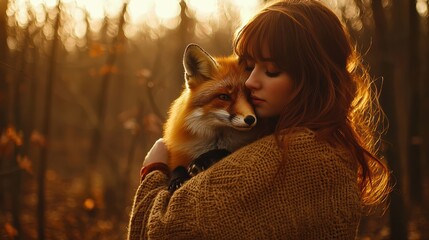 Embracing autumn a woman and her fox in a forest wonderland