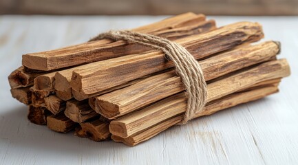 Aromatic Palo Santo Wood Sticks Bundle Tied with Twine on White Textured Wood Surface