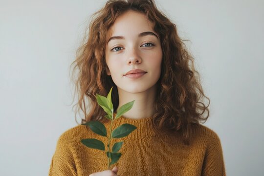Portrait of a committed environmentalist on a white background holding a small plant.
