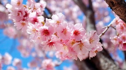 Fototapeta premium Pink cherry blossoms are in full bloom and the sky is clear overhead. The pink petals elegantly contrast with the yellow center, contrasting with the bright background, capturing the beauty of spring.