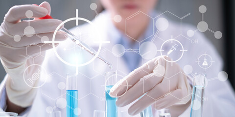 Close-up scientist drop pipette blue liquid test tube science research biology chemistry chemical experiment microscope virus flask dna biohazard