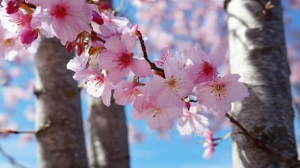 Pink cherry blossoms are in full bloom and the sky is clear overhead. The pink petals elegantly contrast with the yellow center, contrasting with the bright background, capturing the beauty of spring.