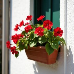 Fototapeta premium Vibrant red geraniums overflowing from a terracotta hanging basket against a whitewashed wall , decoration, image