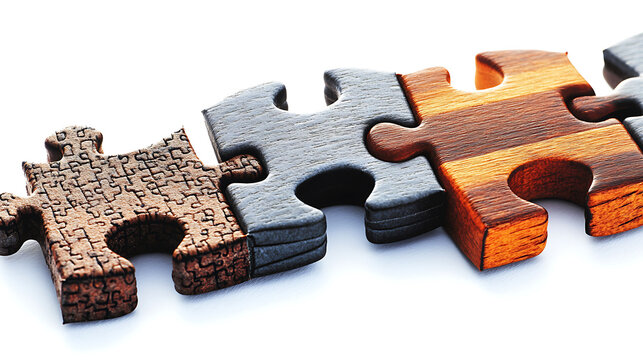 Closeup of interlocked wooden puzzle pieces in gray and brown hues.  Illustrates concepts of connection, collaboration, and problemsolving. Ideal for business, teamwork, and strategy presentations.